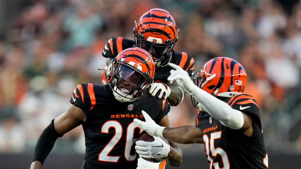 Cincinnati Bengals safety Tycen Anderson (26) celebrates his second interception of the game in the second quarter of the NFL Preseason Week 1 game between the Cincinnati Bengals and the Green Bay Packers at Paycor Stadium in downtown Cincinnati on Friday, Aug. 11, 2023. The Packers led 21-16 at halftime.  